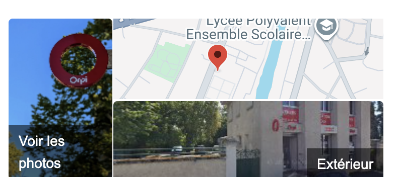 Photos de l'agence : enseigne, plan d'accès et vue extérieure